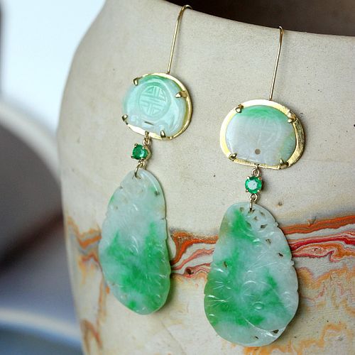Vintage Carved Jade & Emerald Earrings, 14k