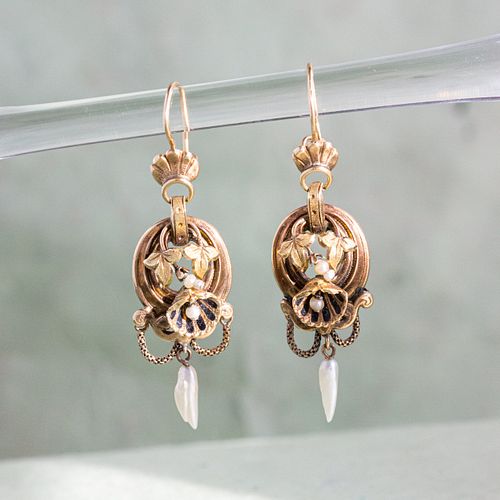 Victorian Enamel & Pearl Seashell Earrings, 14k