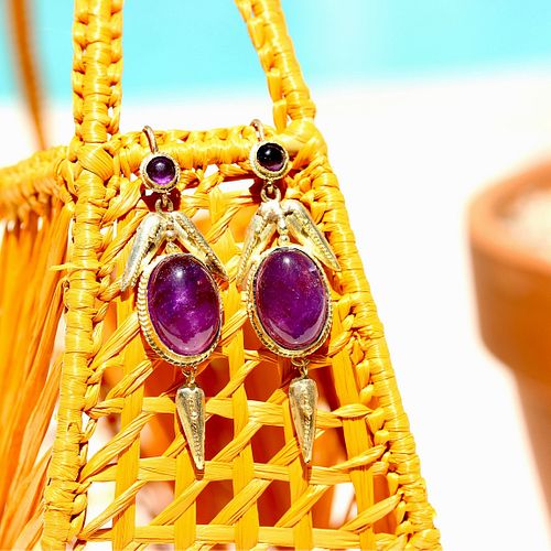 Antique Amethyst Cabochon Gold Winged Earrings, 14k