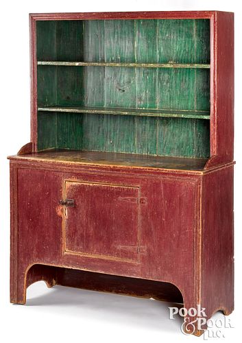 Painted pine two-part stepback cupboard, 19th c.