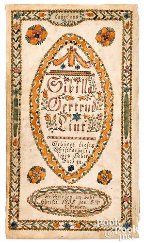 Ink and watercolor fraktur bookplate, dated 1835