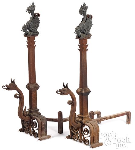 Pair of large wrought iron andirons, early 20th c.