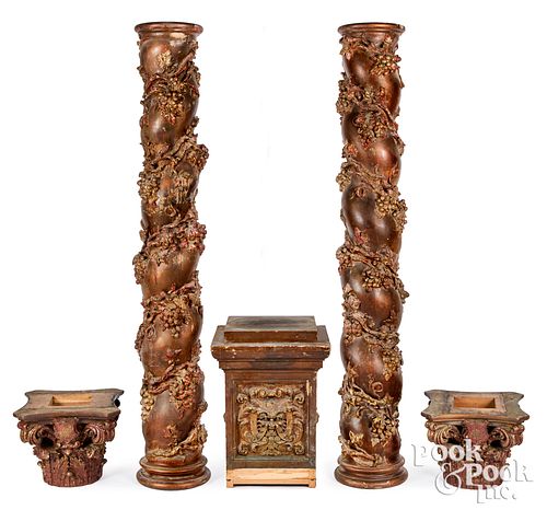 Pair of carved and painted Solomonic columns