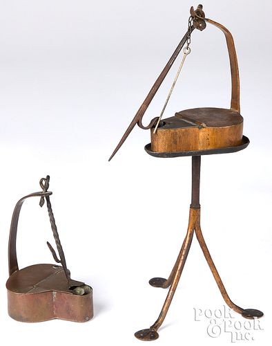 Two copper fat lamps and stand, 19th c.