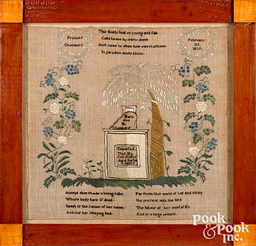 Silk on linen memorial, dated 1819