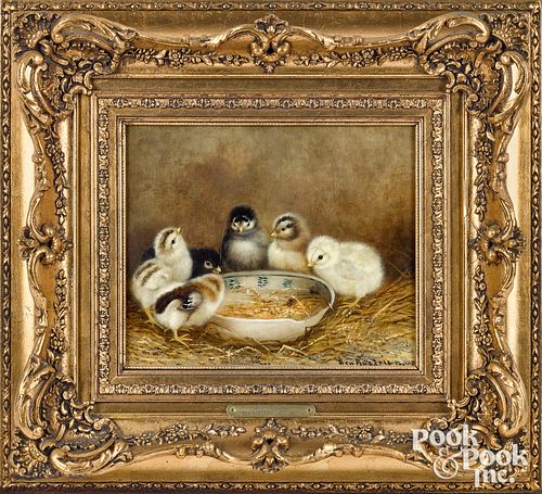Ben Austrian oil on board of six chicks and a bowl