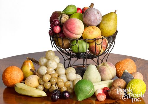 Collection of stone fruit, with wire basket.