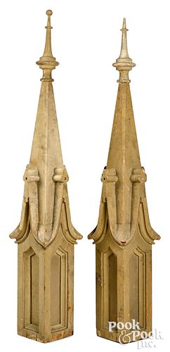 Pair of painted pine spires, late 19th c.