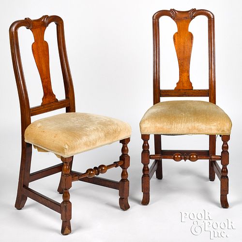 Pair of New England Queen Anne birch dining chairs