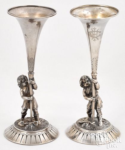 Pair of Gorham sterling silver trumpet vases
