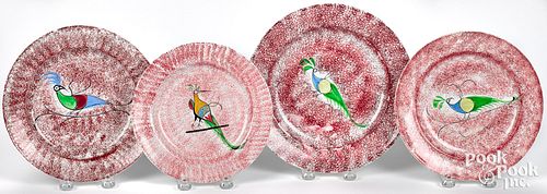 Four red spatter peafowl plates