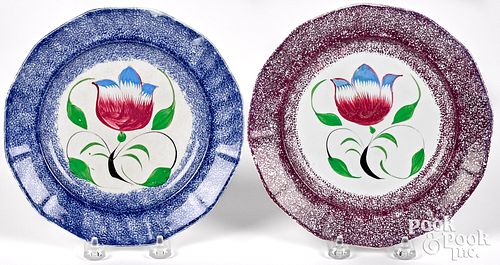 Two spatter blue and purple tulip plates