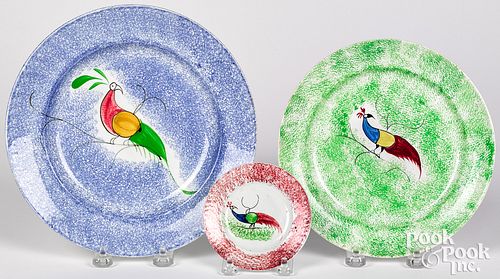 Three spatter peafowl plates
