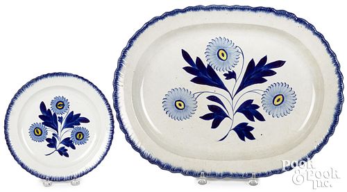 Matching pearlware blue feather platter and plate