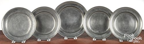 Five American pewter plates, 18th/19th c.