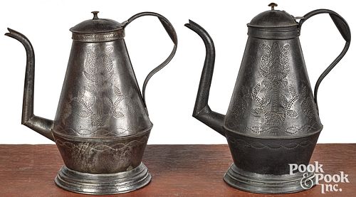 Two similar Pennsylvania punched tin coffee pots