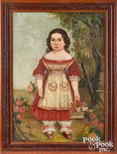 Oil on canvas folk portrait of a girl, dated 1840