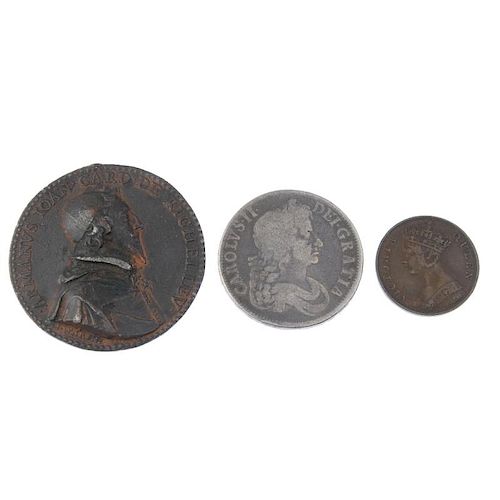 Assorted coins and medals, including Charles II, Crown 16(77), fair, Hong Kong Cent 1865, fine, Card