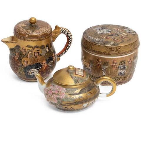Satsuma Meiji Japanese Teapot and Covered Bowl Set.