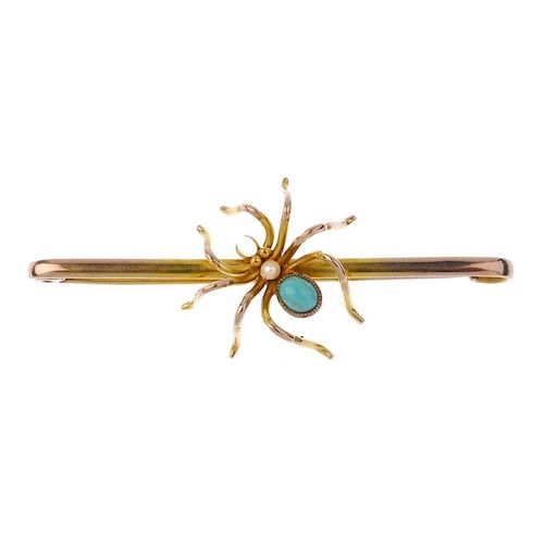 An early 20th century 9ct gold gem-set spider bar brooch. The oval turquoise cabochon and seed pearl