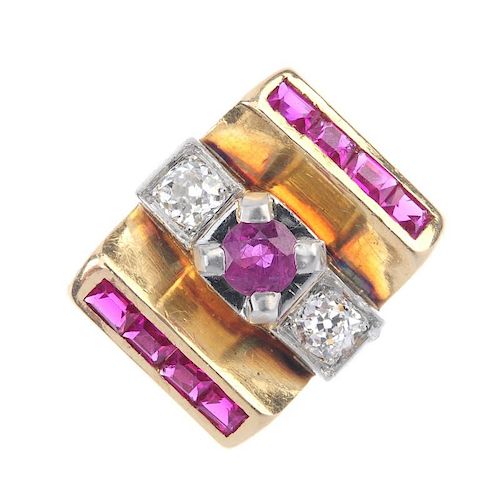 A ruby, diamond and synthetic ruby ring. The circular-shape ruby and old-cut diamond line, to the re