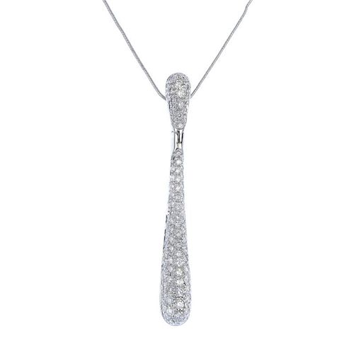 A diamond pendant. The pave-set diamond tapered drop, hinged to the similarly-set tapered surmount,