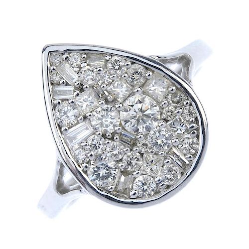 A diamond cluster ring. Of pear-shape outline, the vari-cut diamond cluster, to the plain band. Esti