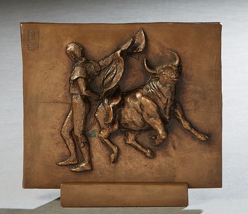 After Pablo Picasso (1881-1973), "Matador and Bull," 20th c., patinated relief bronze on composition plaque, impressed signature upper left corner, th
