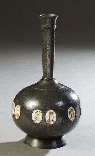 Indian Patinated White Metal and Ivory Bottle Form Vase, 19th c., the sides mounted with ten hand painted cabochon ivory miniature portraits, H.- 12 i