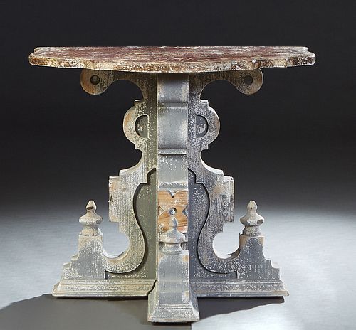 Chinese Italian Style Carved Polychromed Pine Bowfront Console Table, 21st c., the stepped serpentine bowed top on a tripodal bracket stand mounted wi