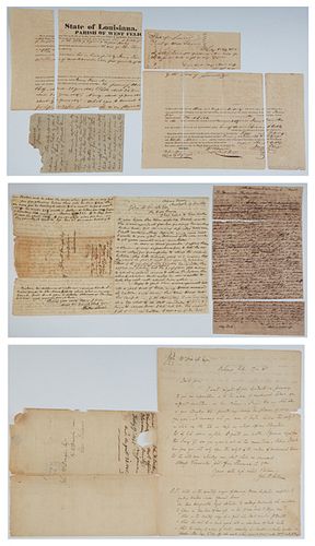 Group of Eight Louisiana Documents, 19th c., including a title transfer for West Feliciana Parish; a letter to John McDonogh, dated 2/17/1845;  a seco