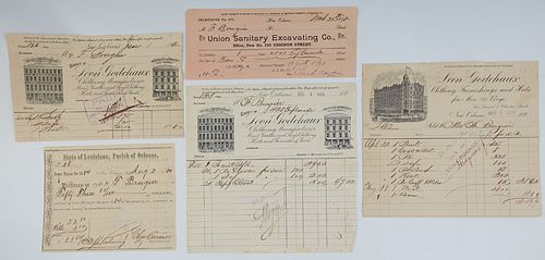 Group of Twenty-Six New Orleans Receipts, 19th c., consisting of three from Raoul Bonnot Carriages; five from Leon Godchaux; one from A. J. Giuranovic