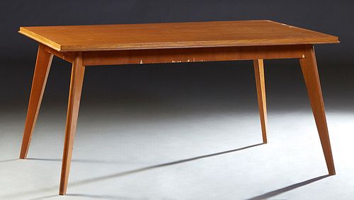 French Mid-Century Modern Carved Oak Dining Table, 20th c., the rectangular stepped top, on four splayed tapered cylindrical legs, matching previous a