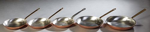 Set of Five French Copper Frying Pans, 20th c., Four with brass handles and one with an iron handle. (5 Pcs.) Largest, H.- 4 in., W.- 12 in., Depth- 1