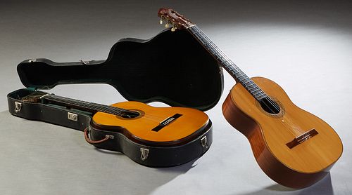 Two Harald Petersen Six String Concert Spanish Guitars, London, both with paper labels inside, one with a carrying case, H.- 41 in., W.- 14 1/2 in., D
