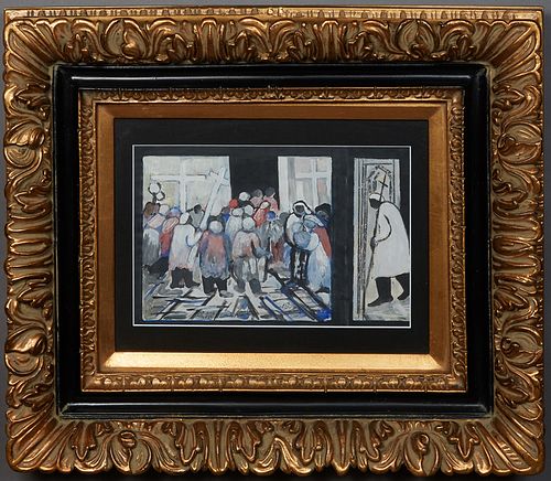 Emerson Bell (1932-2006, Louisiana), "Procession into Church," 1994, oil on paper, signed and dated on bottom, presented in a gilt frame, H.- 9 in., W