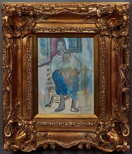 Emerson Bell (1932-2006, Louisiana), "Mother and Child," 1974-1995, mixed media on paper, signed and dated lower right, presented in a gilt frame, H.-
