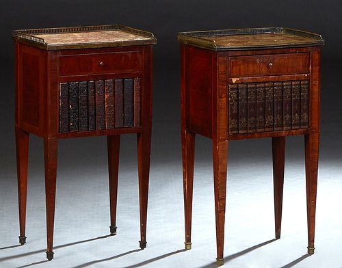 Pair of Louis XVI Style Ormolu Mounted Mahogany Marble Top Nightstands, late 19th c., with a 3/4 pierced brass gallery around a highly figured marble,