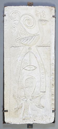 Cast Stone Relief Panel, 20th c., of a bird and a fish, in an iron frame, H.- 40 1/2 in,. W.- 18 in., D.- 3 1/4 in.