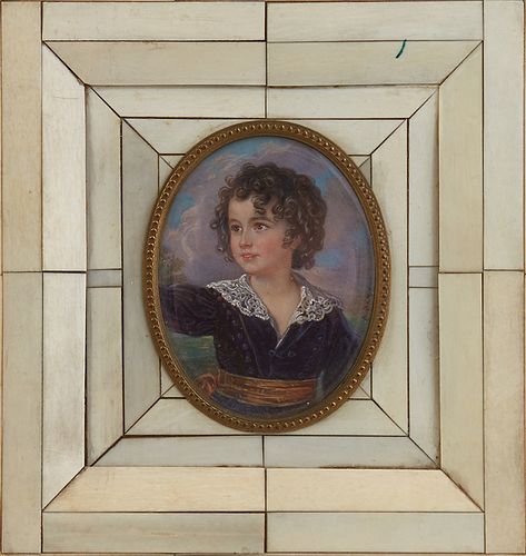 In the Manner of William Charles Ross (1794-1860, British), "Miniature of a Child with a Lace Collar," 19th c., presented in a segmented ivory frame, 