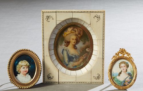 French School, Three Miniatures, 19th c., consisting of "Portrait of a Woman in a Feathered Bonnet," 19th c., oil on ivory, presented in a period inci