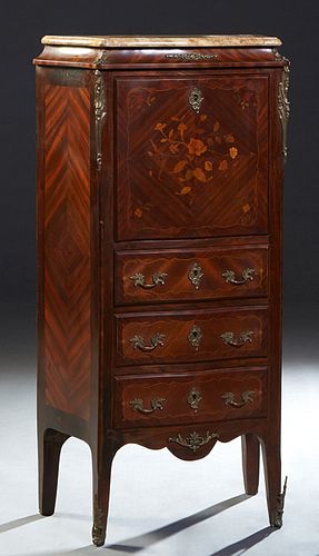 French Louis XV Ormolu Mounted Inlaid Mahogany Bombe Marble Top Secretary, early 20th c., the serpentine bowfront ocher marble over a fall front with 