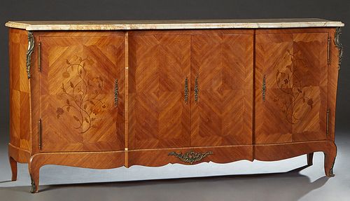 French Inlaid Mahogany Ormolu Mounted Louis XV Style Art Nouveau Marble Top Sideboard, , early 20th c., the thick serpentine stepped figured ocher mar