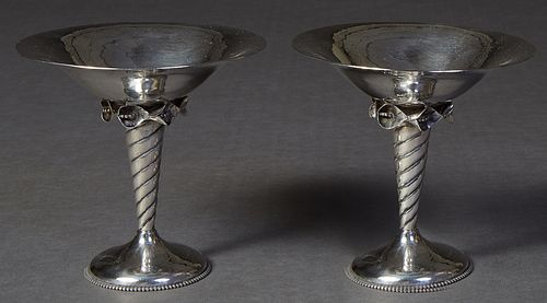 Pair of Sterling Silver Tazzas, c. 1950, in the Danish modern style, by silversmith William De Matteo of Bergenfield, New Jersey, of hand hammered des