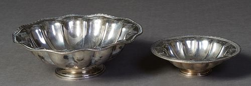 Two Sterling Silver Lobed Footed Bowls, #B929 ad B926, by Frank M. Whiting, retailed by Brand-Chatillon Co., New York, Smaller- H.- 2 in., Dia.- 7 1/8
