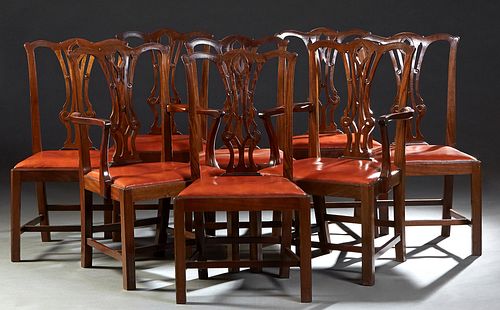 Set of Eight (6 +2) Carved Mahogany Chippendale Style Dining Chairs, 20th c., the serpentine crest rail over a pierced intertwined back splat, to a tr