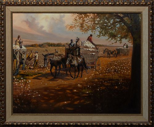 Southern School, "Cotton Picking," 20th c., oil on canvas, unsigned, presented in a gilt frame, H.- 23 1/2 in., W.- 29 3/8 in., Framed H.- 29 1/2 in.,