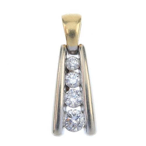 A diamond pendant. The graduated brilliant-cut diamond line, with tapered sides and bi-colour surmou