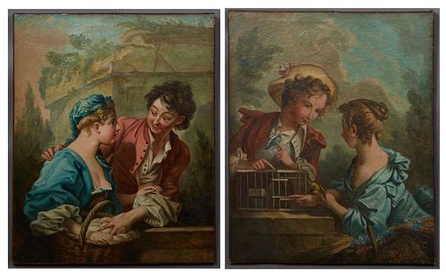 French School, "Lovers with Basket of Eggs," and "Lovers with Songbirds," 18th c., pair of oils on canvas, unsigned, unframed, H.- 32 in., W.- 25 in.,