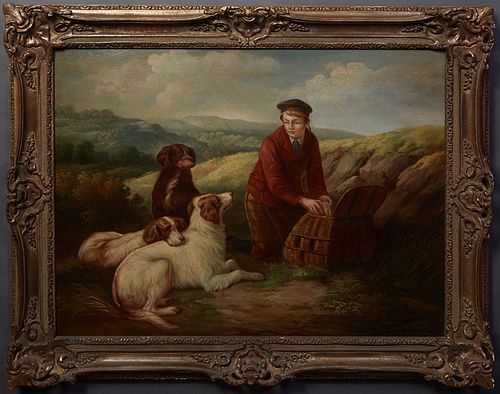 "Picnic with the Dogs," 20th c., oil on canvas, signed "Scott" lower right, presented in a gilt frame, H.- 29 1/2 in., W.- 39 3/8 in., Framed H.- 38 1